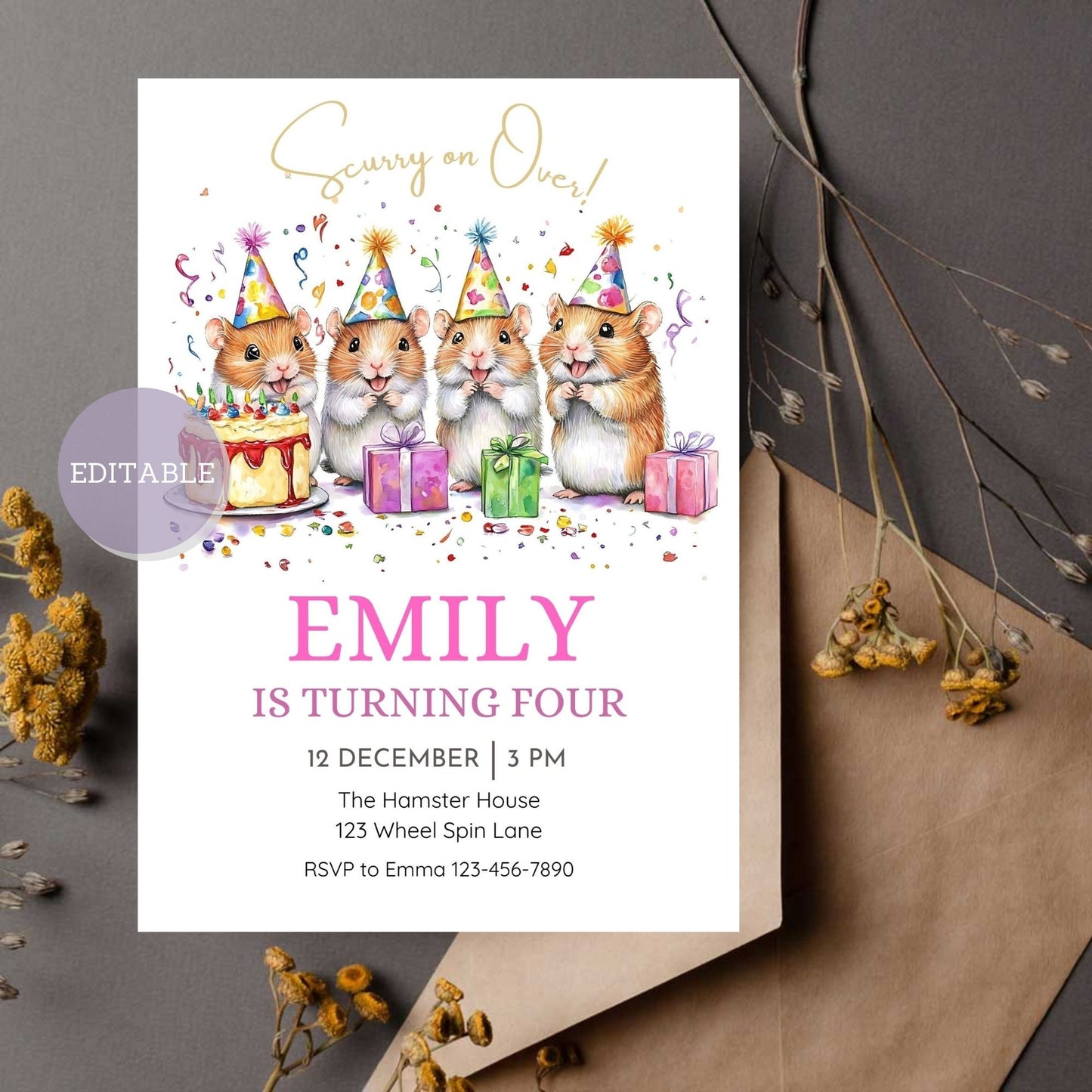 Editable hamster birthday invitation template, printable and customizable