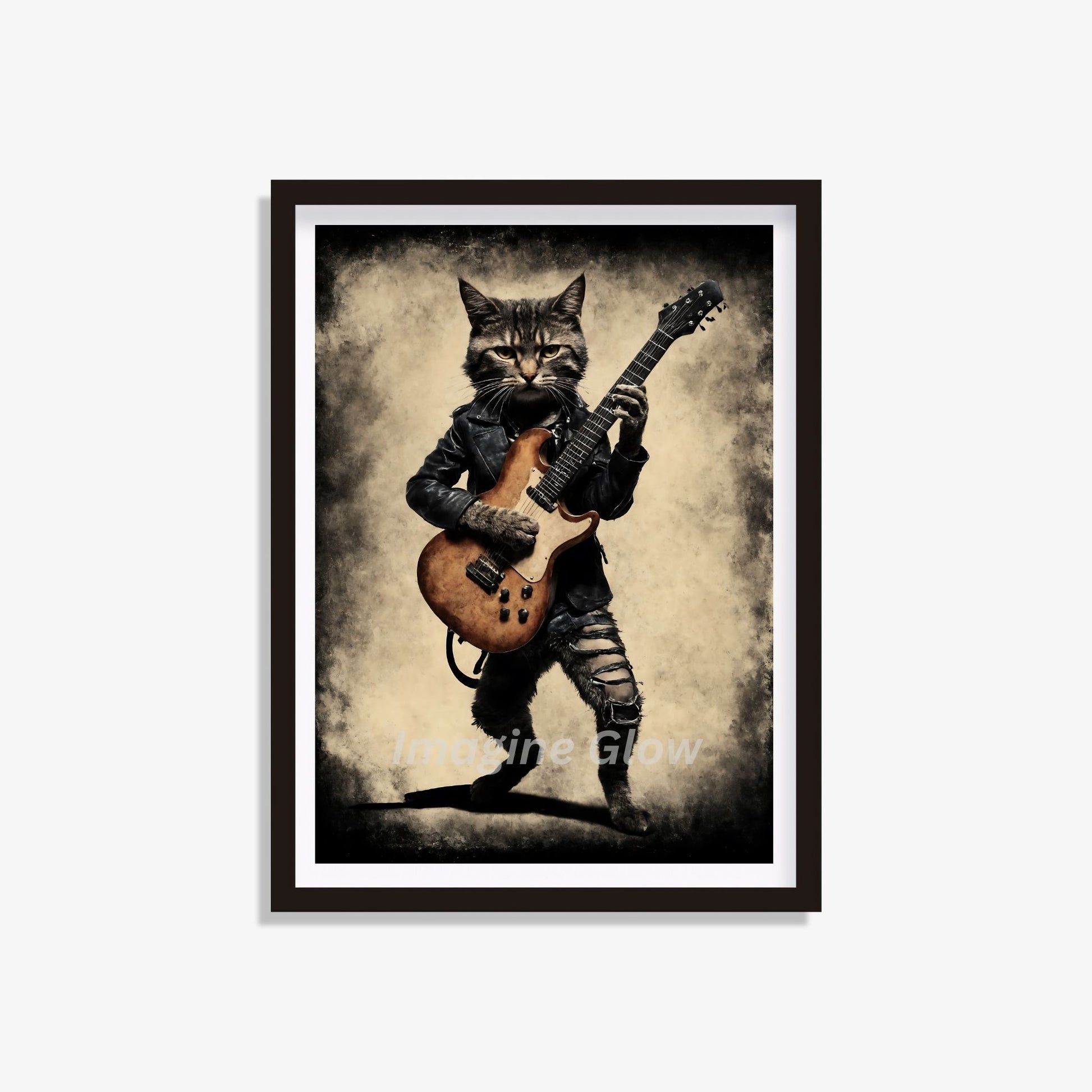 Retro cat guitarist art print for music lovers