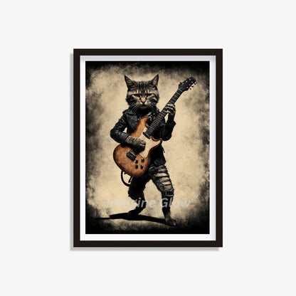 Retro cat guitarist art print for music lovers