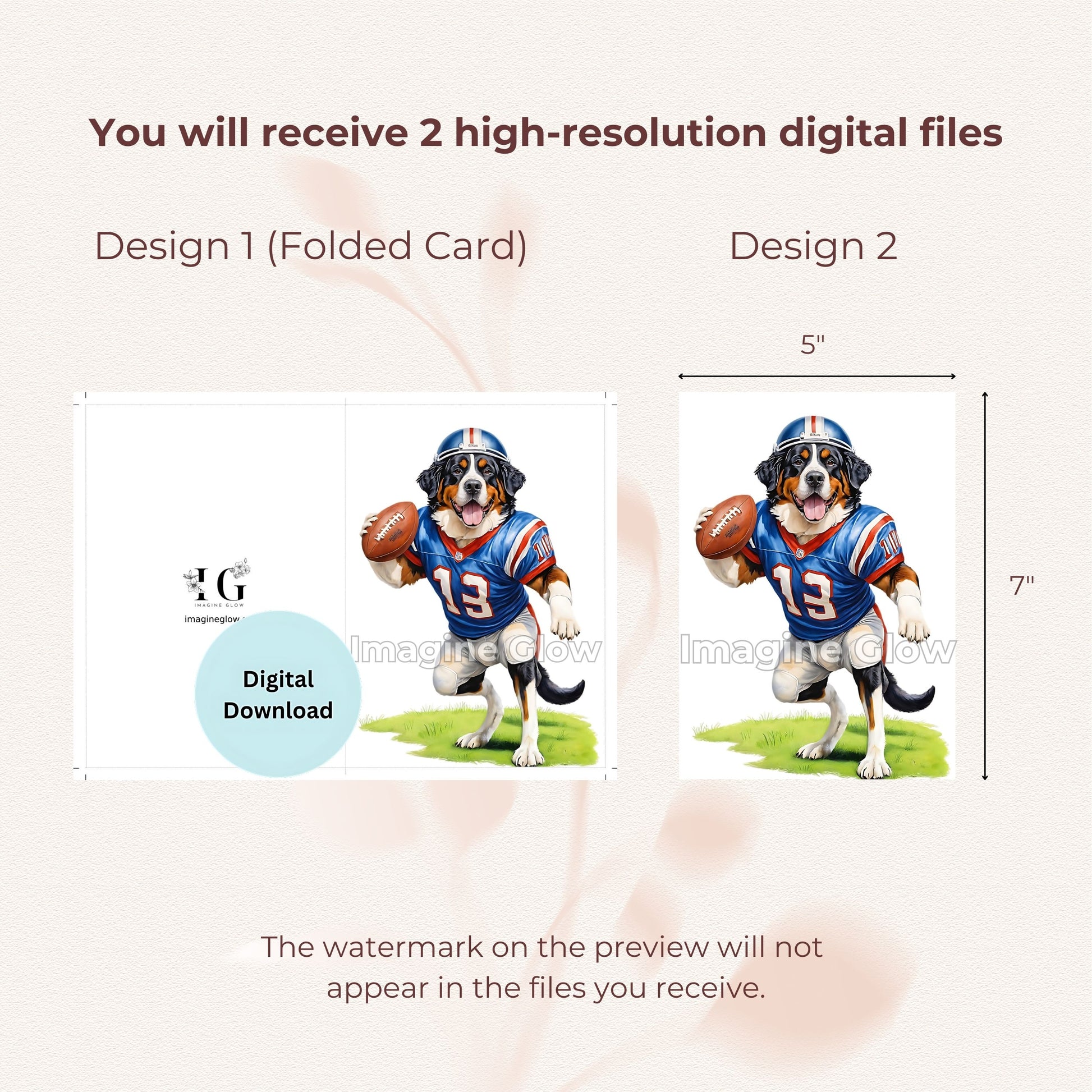 Digital download birthday card featuring a dog playing American football