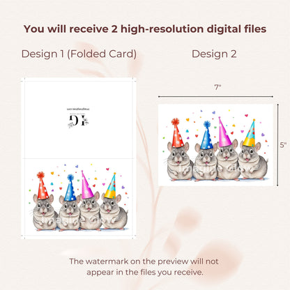 Printable birthday card featuring a whimsical chinchilla design.