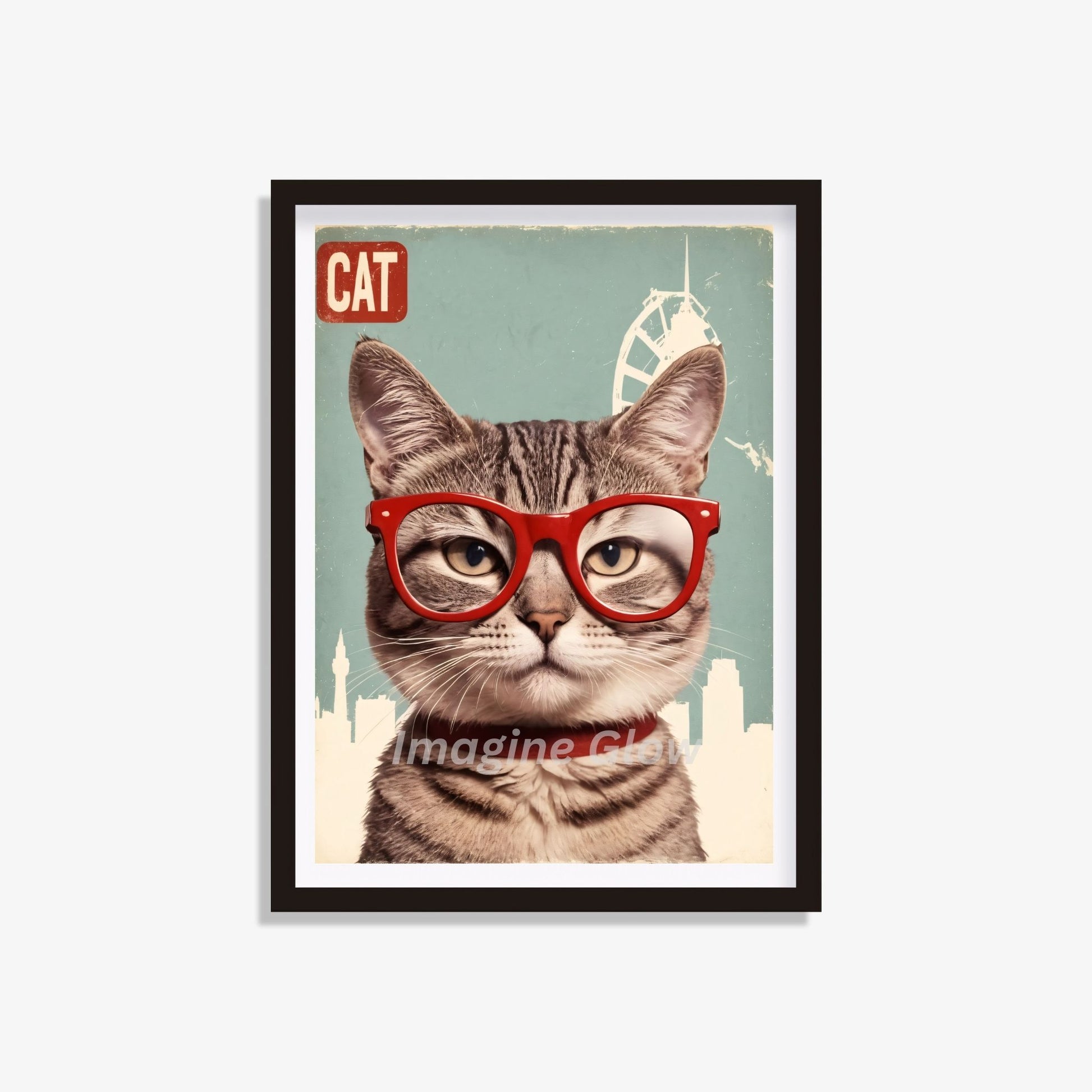 Retro poster featuring a Cat wearing glasses for a vintage travel theme.