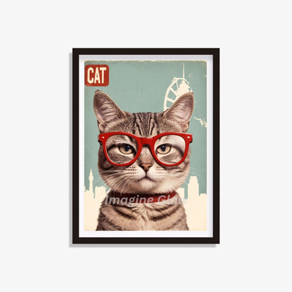 Retro poster featuring a Cat wearing glasses for a vintage travel theme.