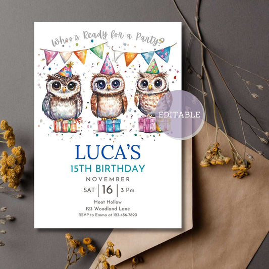 Editable owls birthday invitation template in Canva.