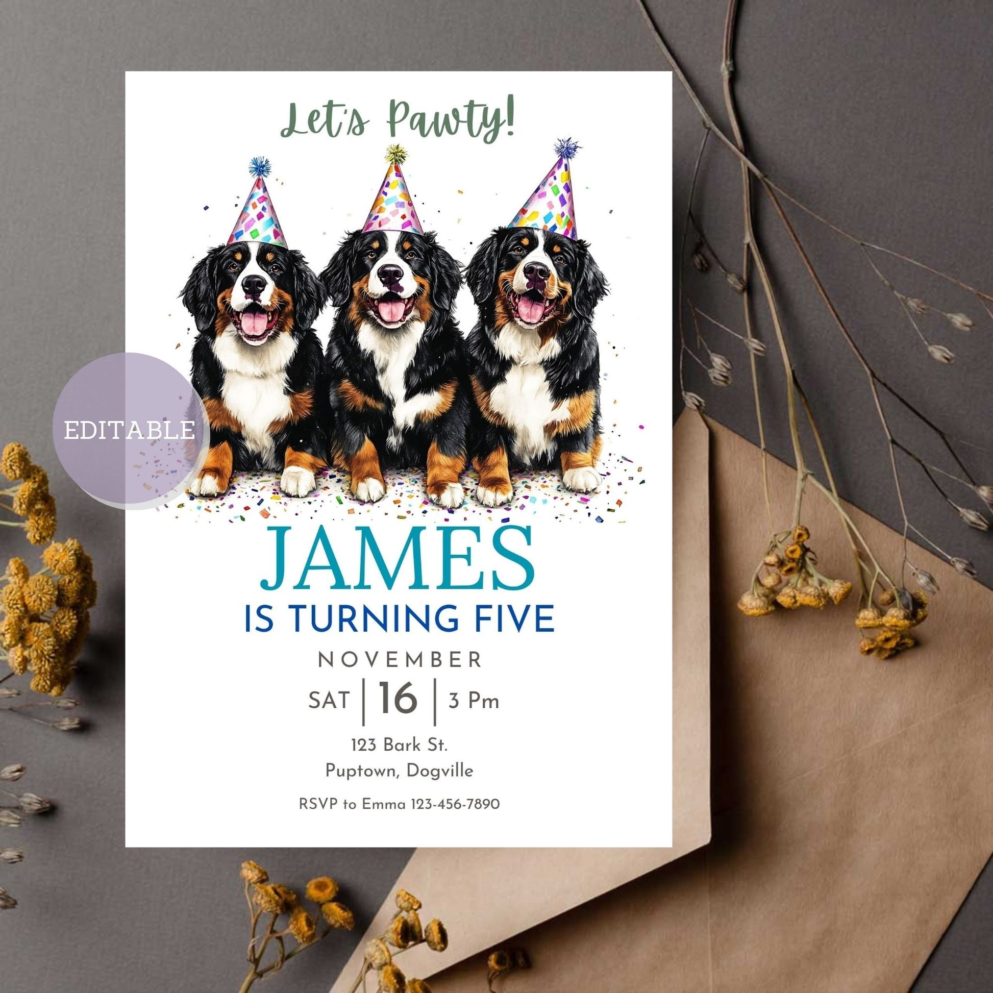 Custom Bernese Mountain Dog birthday invitation template, editable in Canva.