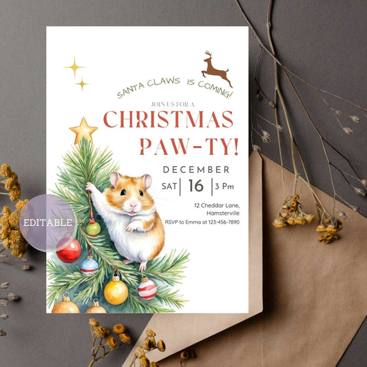 Editable Hamster Christmas Invitation featuring a cute holiday theme - Digital download, ready to personalize for your event.