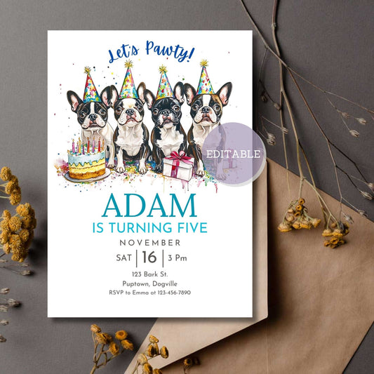 Boston Terrier dog birthday invitation template for Canva.