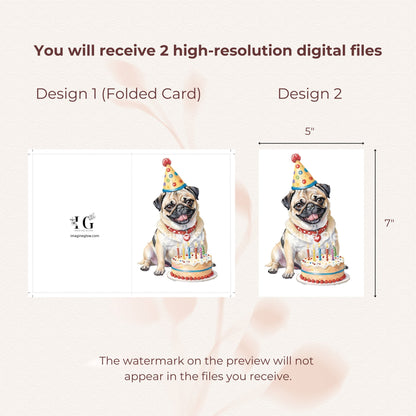 Whimsical greeting card featuring a Pug illustration for birthdays