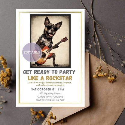 Customizable Dog Rock and Roll Music Party Invitation Template - Editable and Printable Design for Dog Lovers