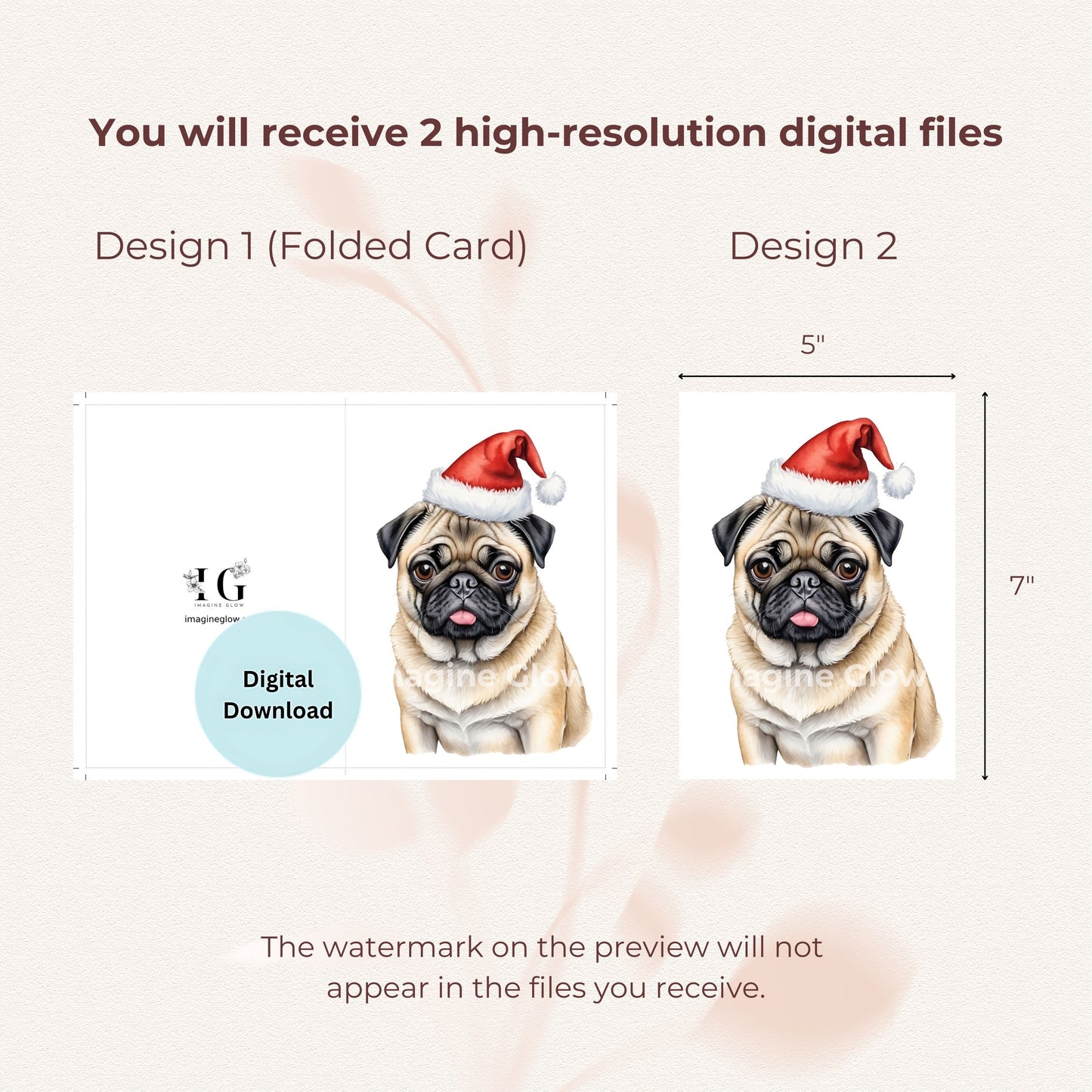 Pug dog holiday card with a festive design, perfect for Christmas.
Digital download Christmas card featuring an adorable pug dog.
