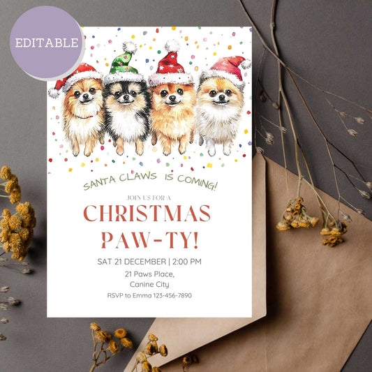 Customizable Pomeranian Christmas party invitation template, editable holiday invite