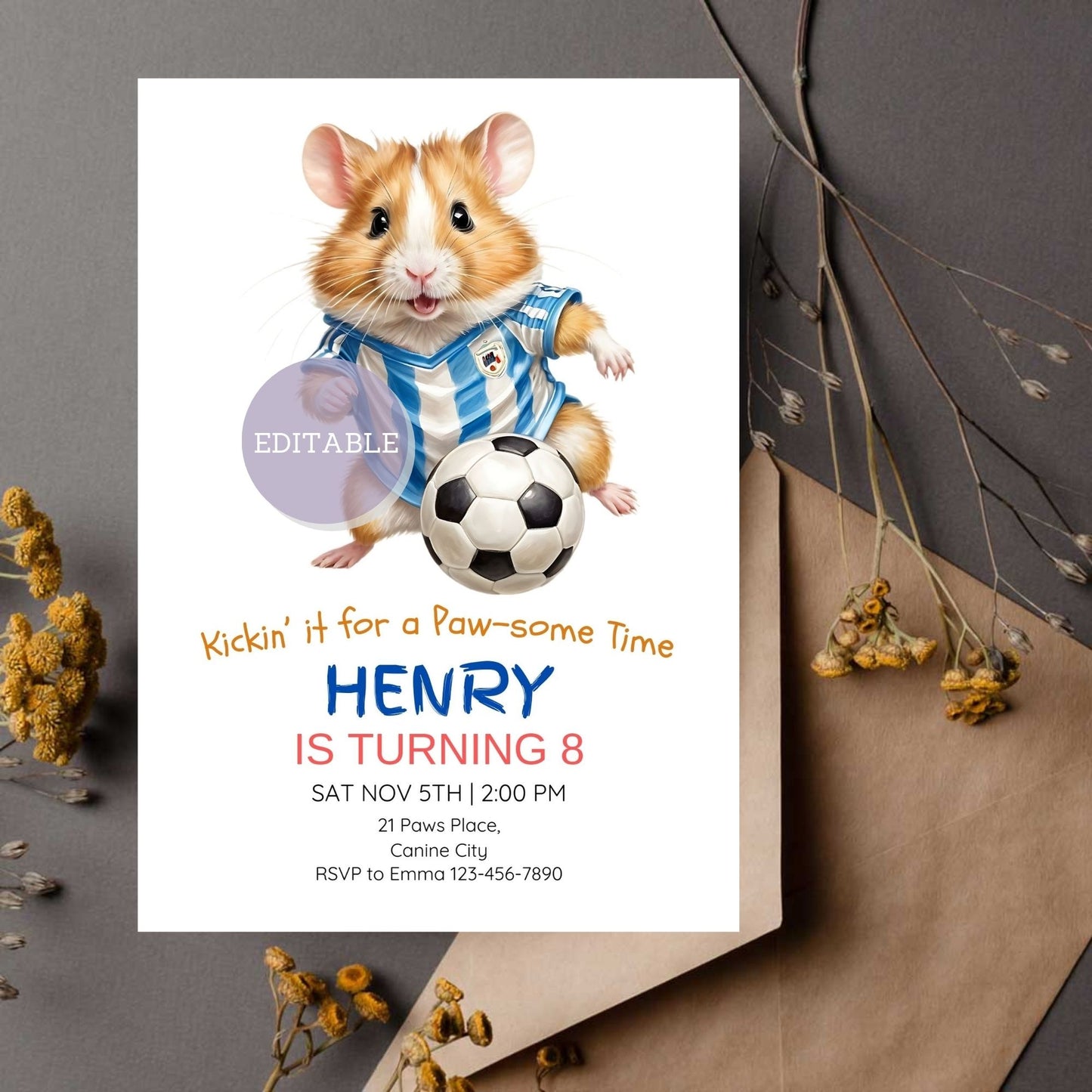 Soccer-themed hamster birthday invitation with editable template.