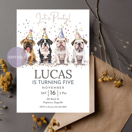 Custom Bulldog birthday invitation template, editable in Canva.