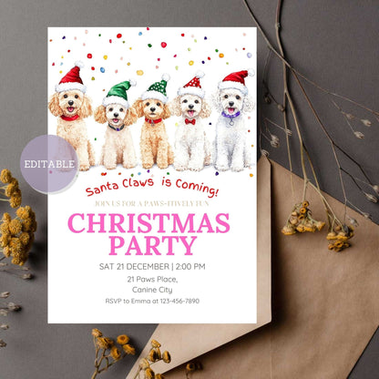 Customizable Poodle dog Christmas party invitation template for holiday celebrations.