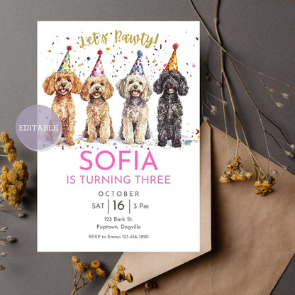 Customizable Poodle dog birthday invitation template.