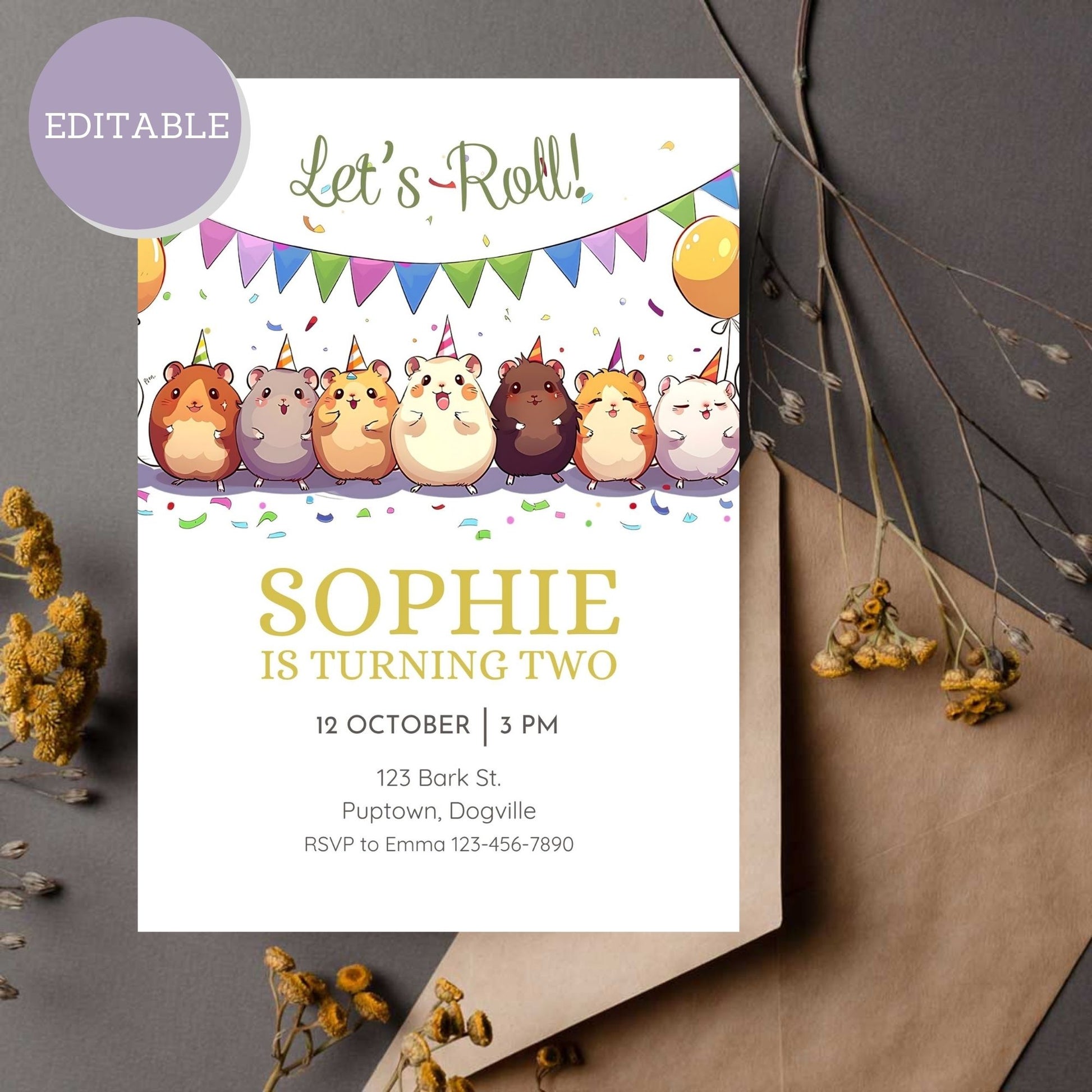 Editable hamster birthday invitation template, printable and customizable