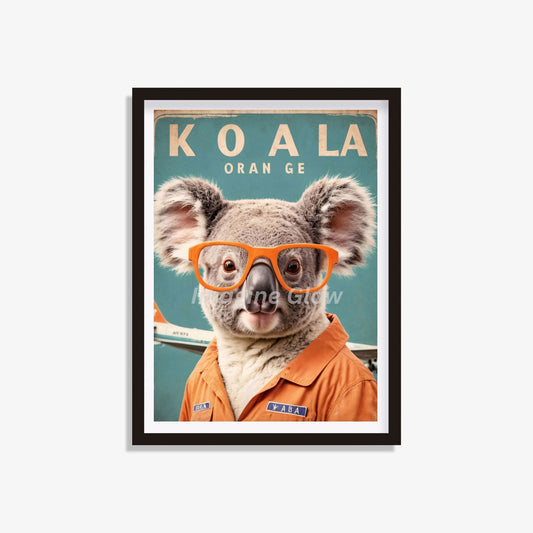 Printable retro travel poster featuring a koala wearing glasses