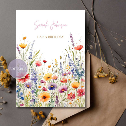 Editable wildflower greeting card template for birthdays