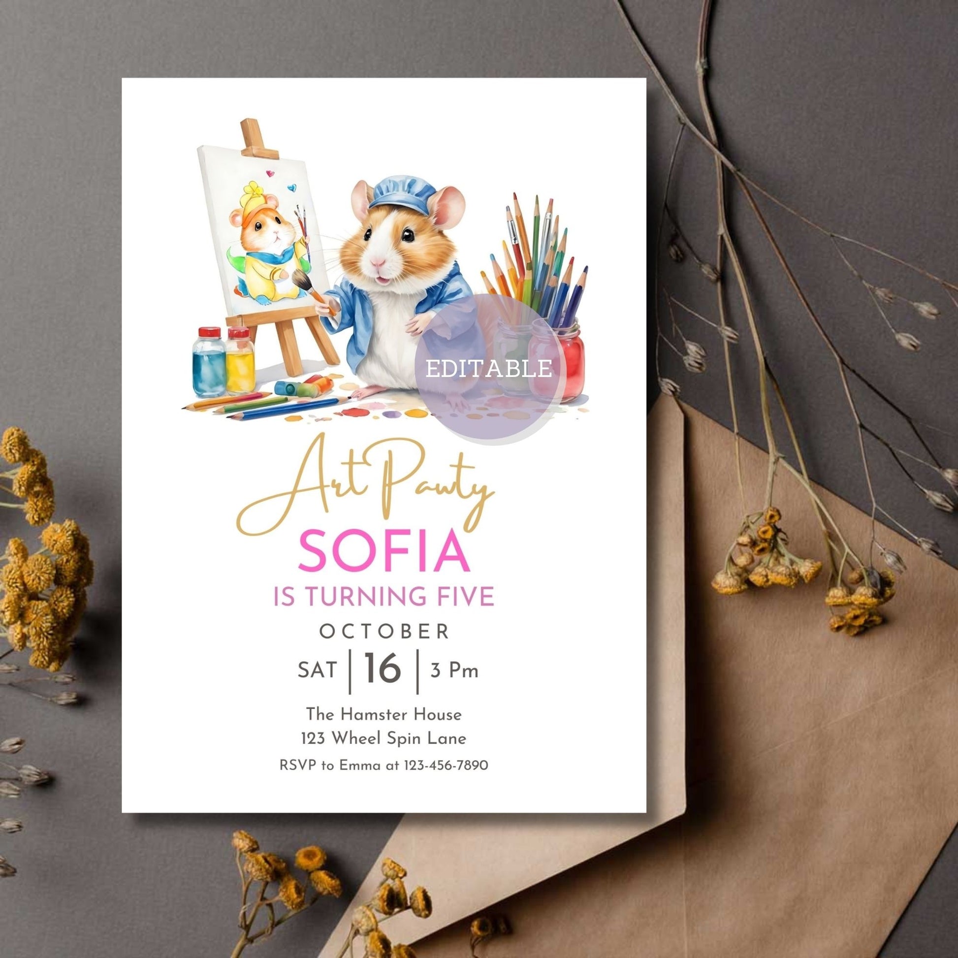 Editable Art Party Invitation Template featuring a hamster design.