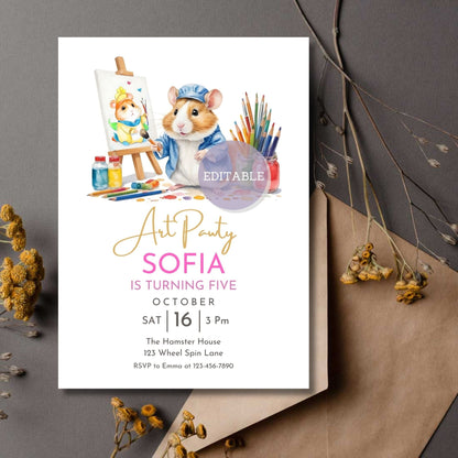 Editable Art Party Invitation Template featuring a hamster design.