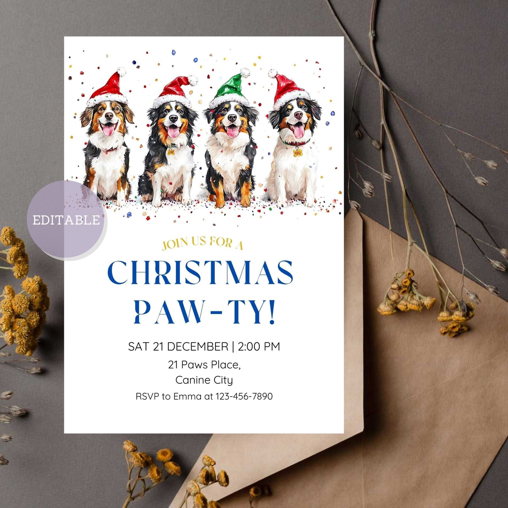 Customizable Australian Shepherd Christmas party invitation template.
Editable holiday invite featuring an Australian Shepherd in festive decor.