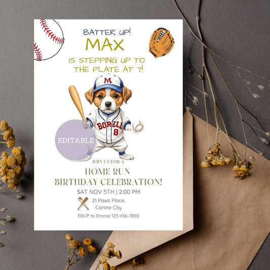 Editable baseball-themed dog birthday invitation template for kids and adults