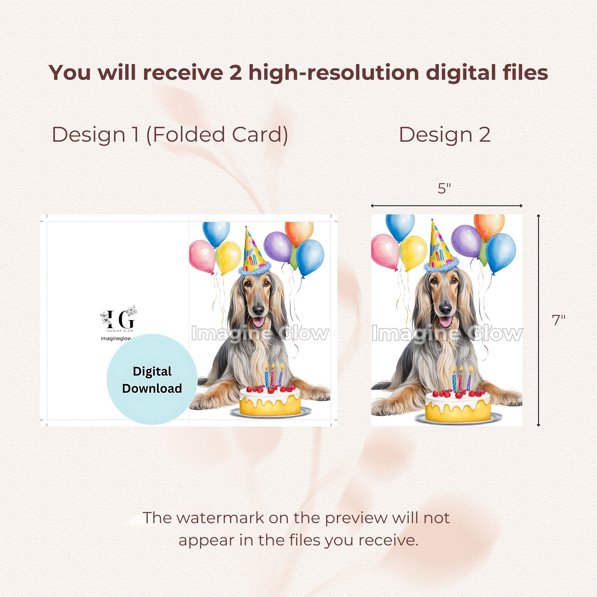 Stylish printable birthday card with an Afghan Hound illustration.