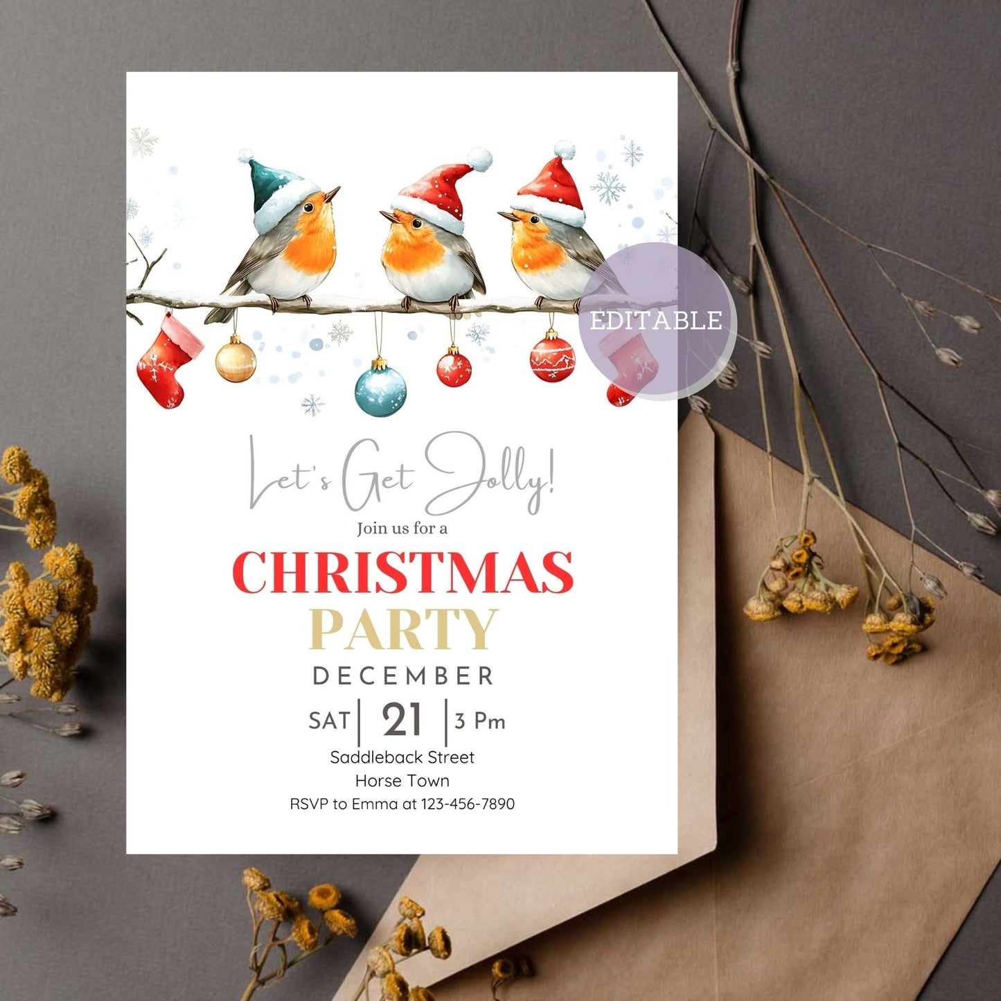 Customizable robin Christmas party invitation template for holiday gatherings