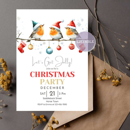 Customizable robin Christmas party invitation template for holiday gatherings