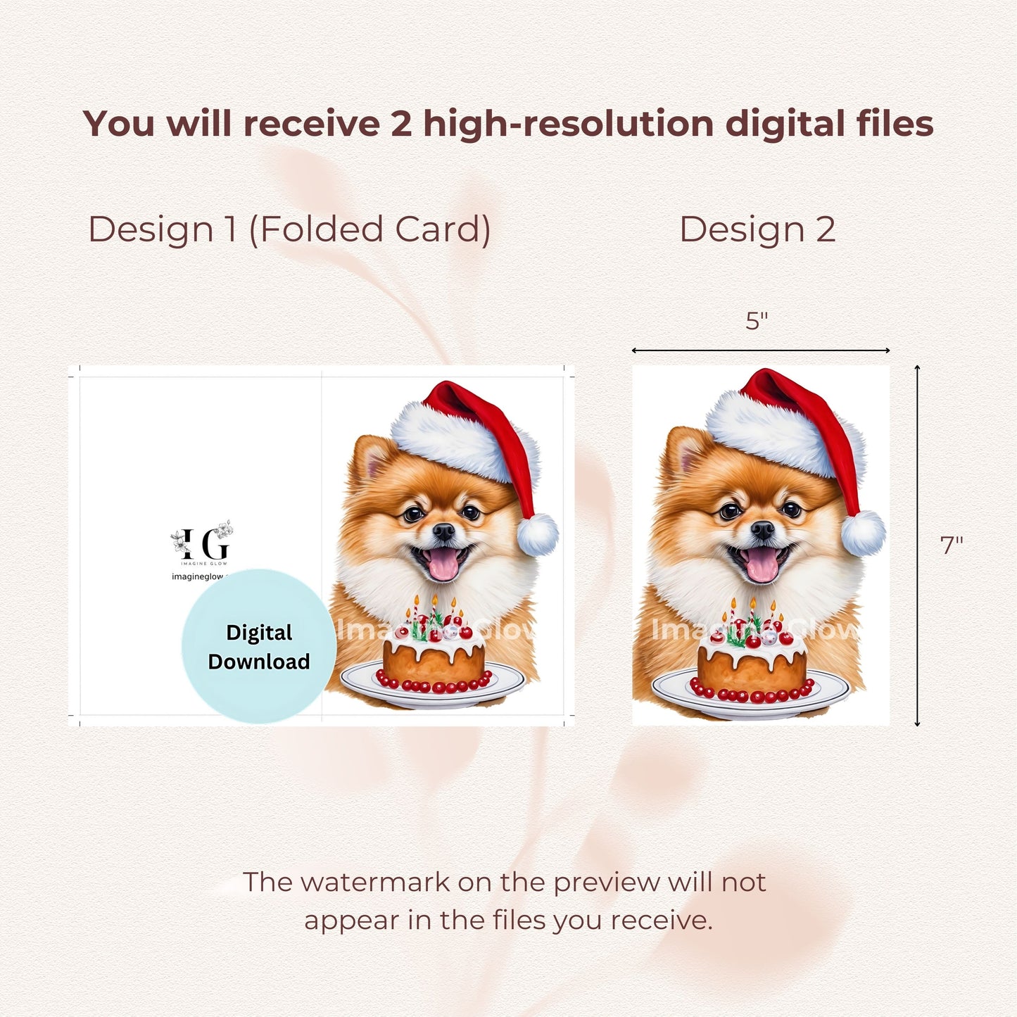 Printable festive dog Christmas card with a fluffy Pomeranian.
