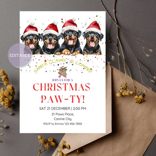 Editable holiday invitation with a festive Rottweiler design, available as a printable digital download.