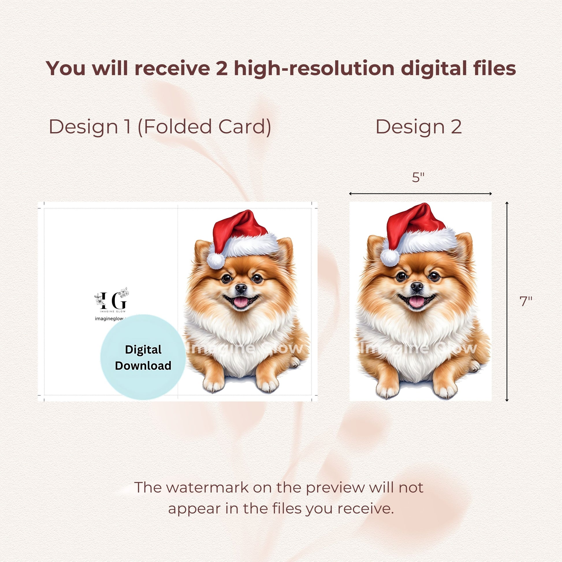 Printable festive dog Christmas card with a fluffy Pomeranian.
