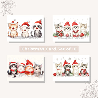 Set of 10 Cat Christmas cards in holiday theme, ideal for festive greetings.