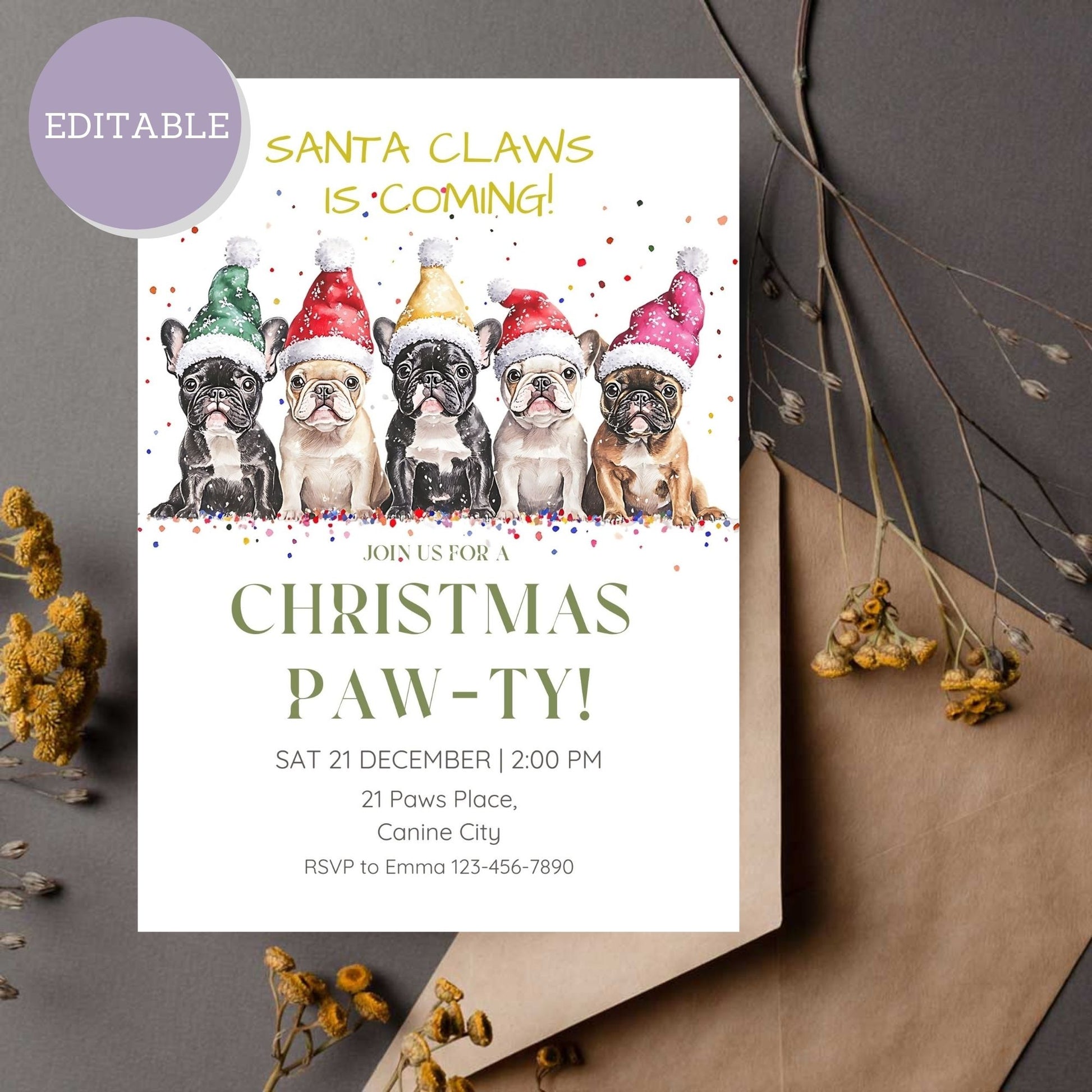 Customizable Bulldog Christmas party invitation template, editable holiday invite