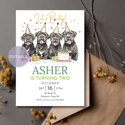 Cane Corso Dog birthday invitation template, customizable in Canva.