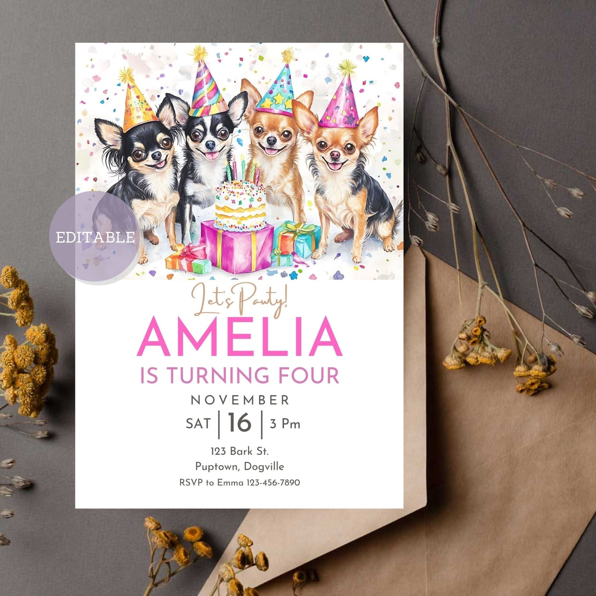 Custom Chihuahua dogs birthday invitation template editable in Canva