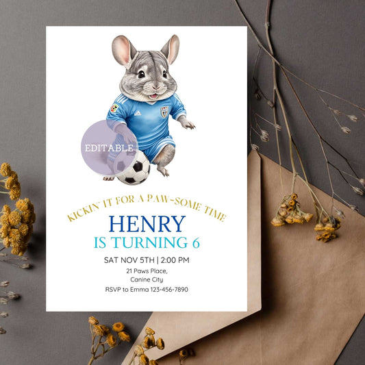 Soccer-themed chinchilla birthday invitation with editable template.