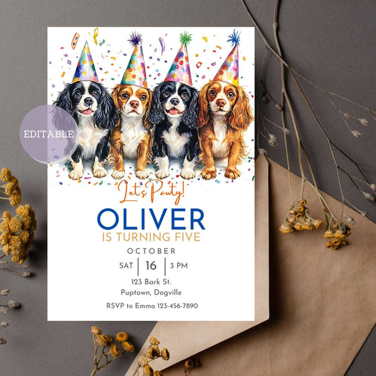 Custom Cavalier King Charles Spaniel birthday invitation template for dog lovers.