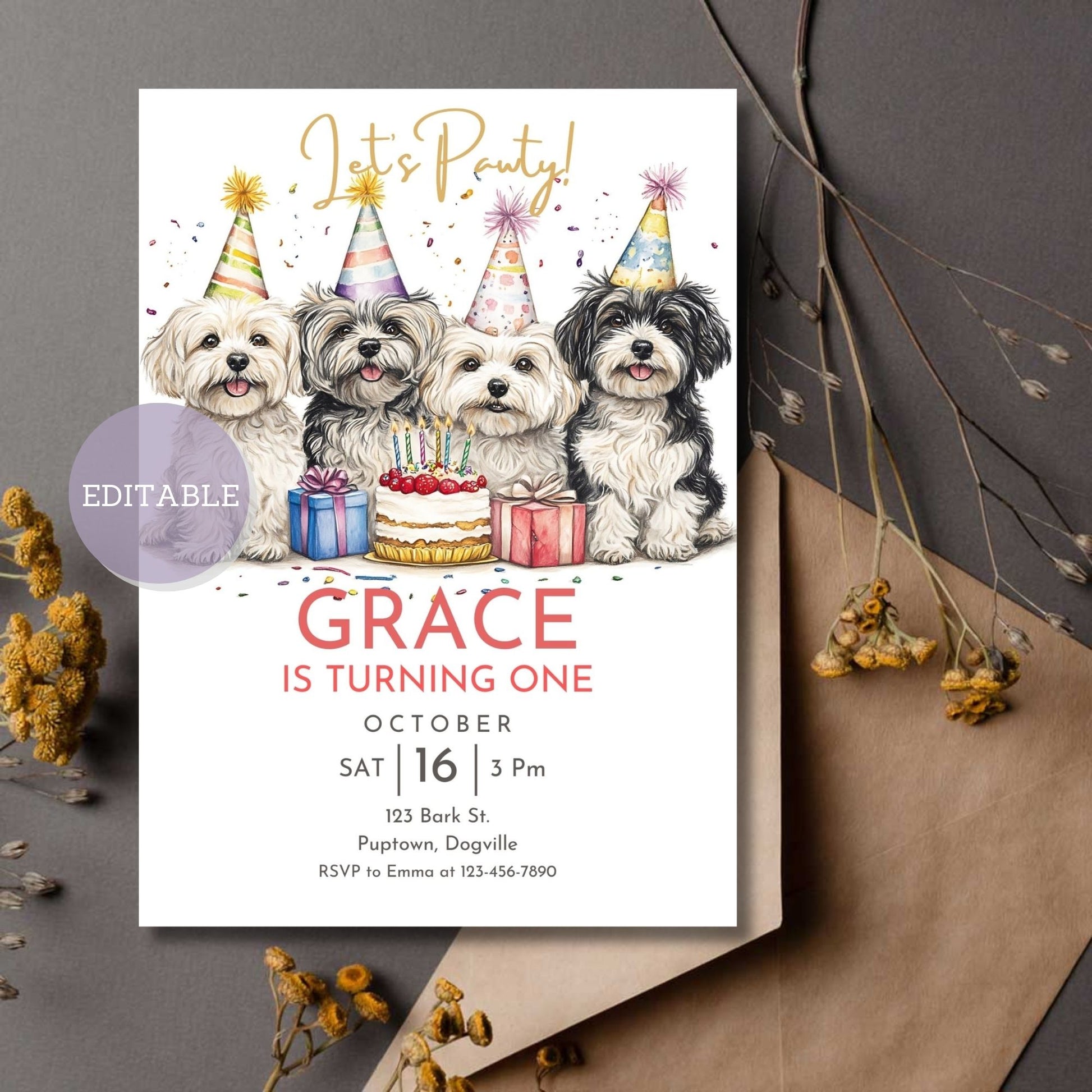 Havanese Dog birthday invitation template, editable in Canva.