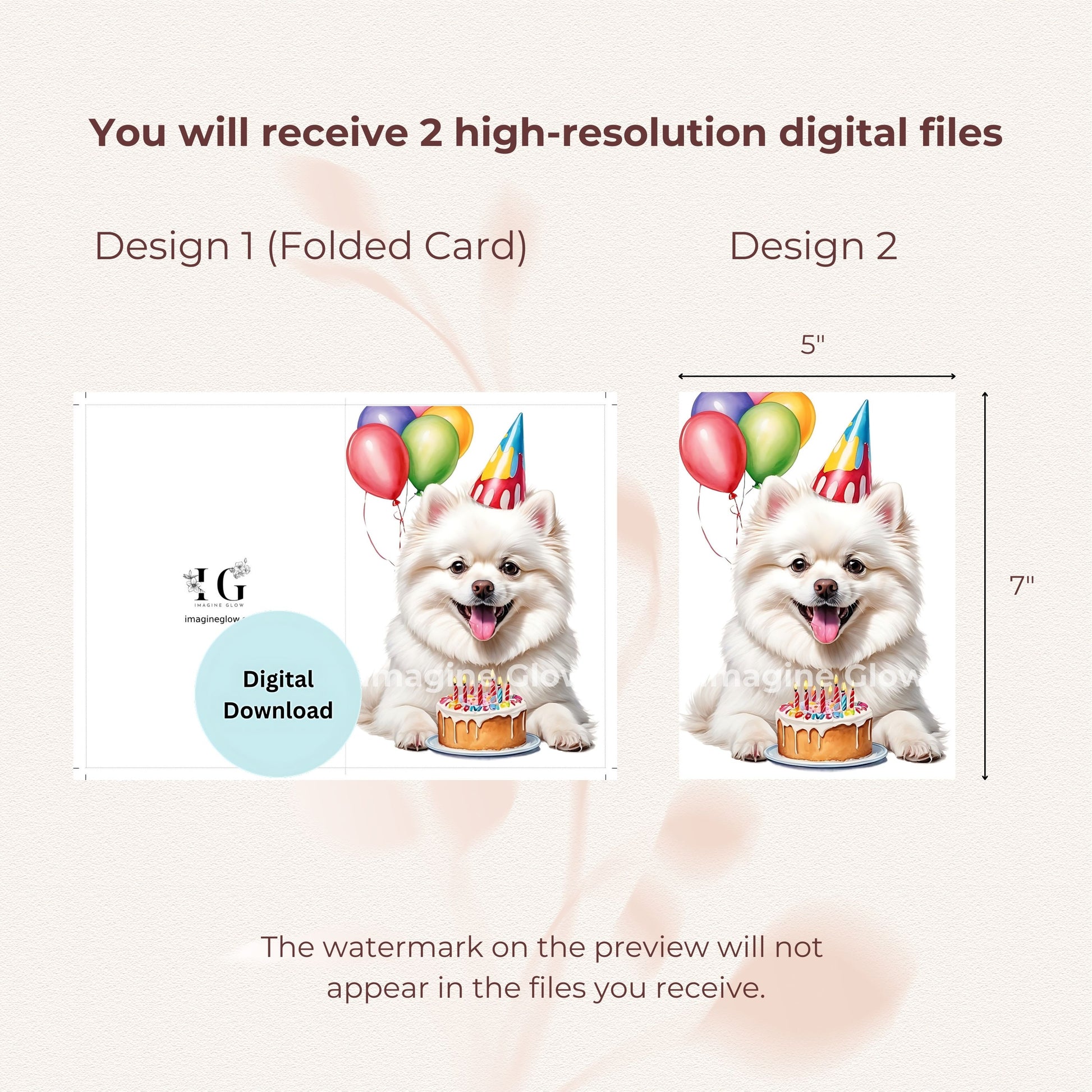 Printable greeting card featuring an adorable white Pomeranian.
