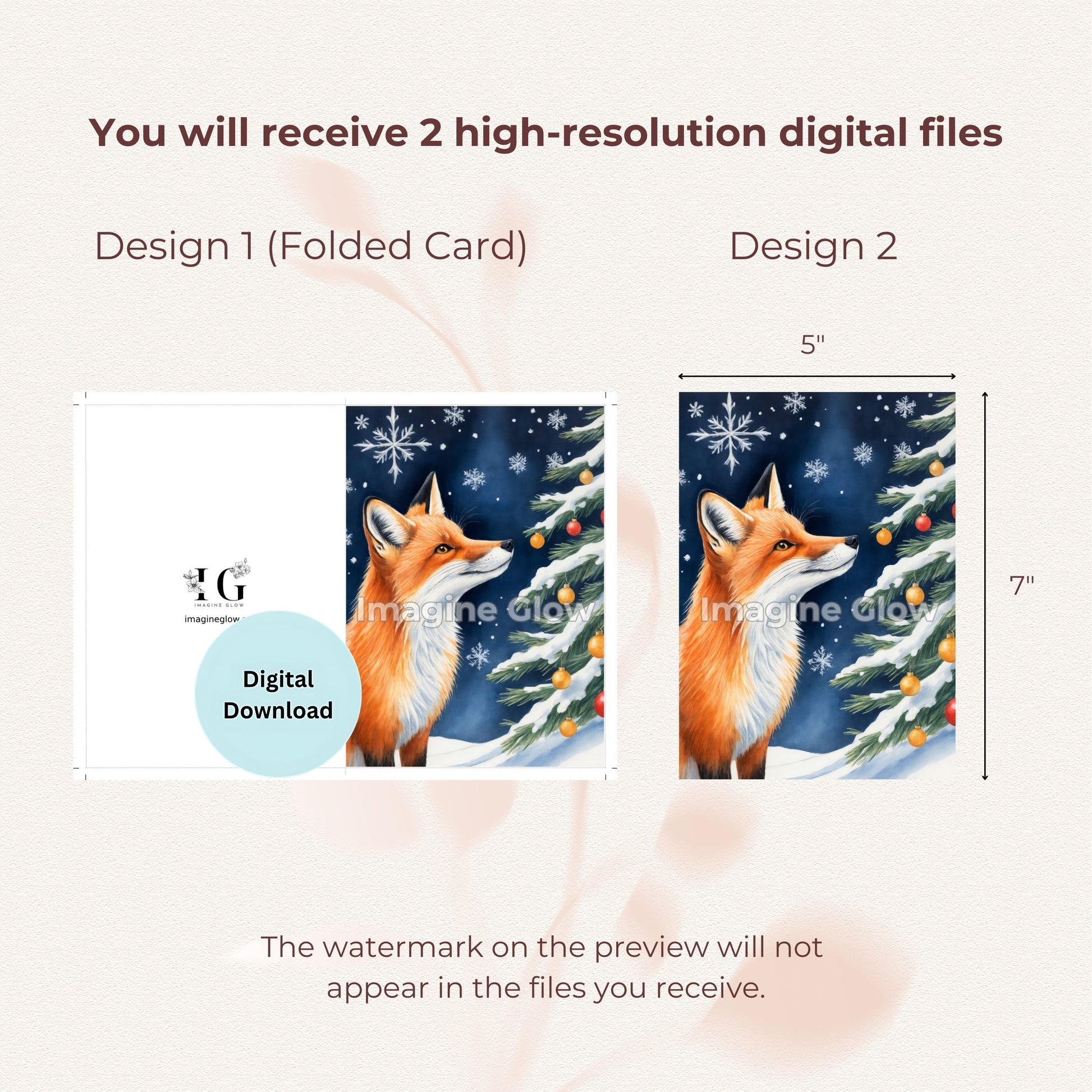 Printable holiday card with a whimsical fox, perfect for sending seasonal greetings.