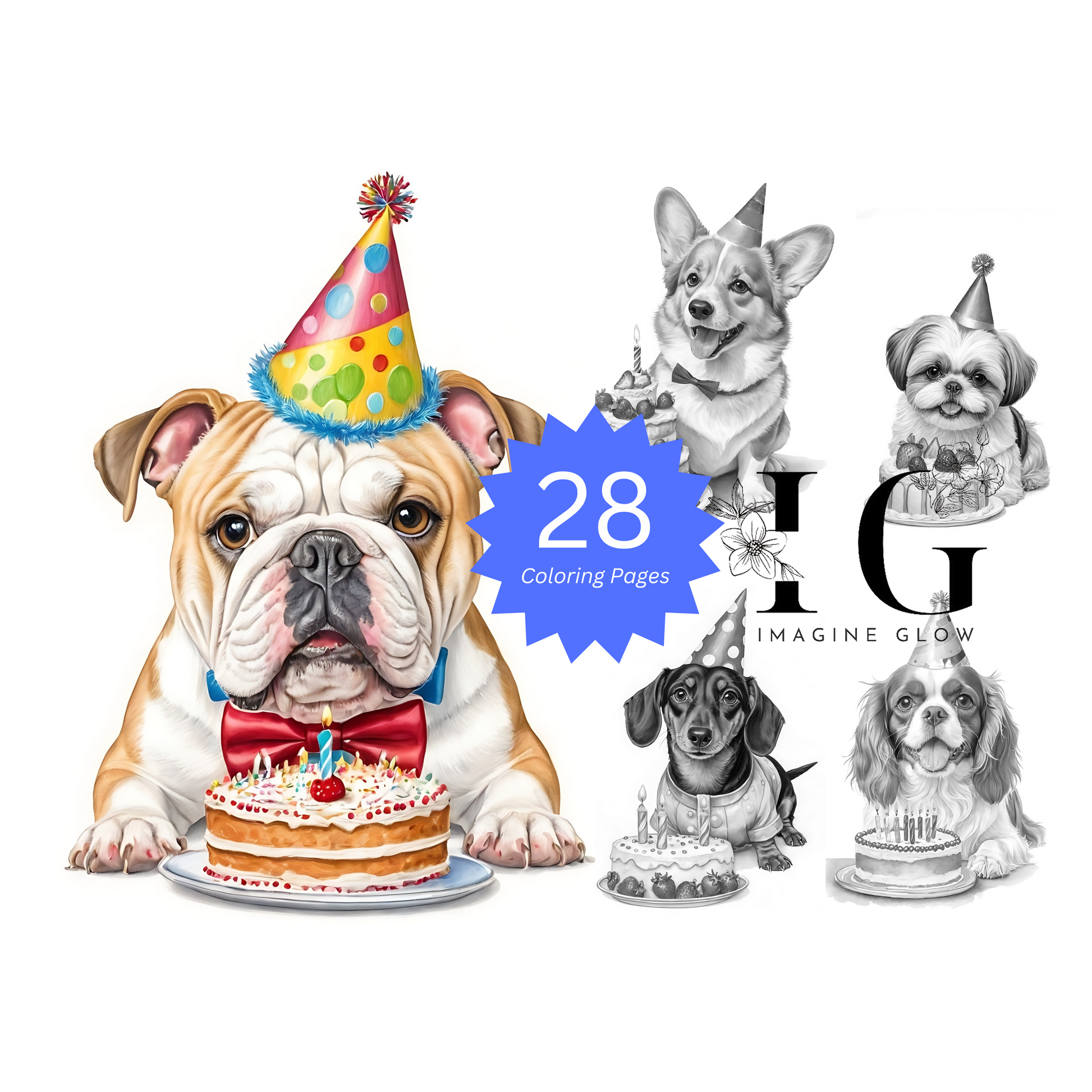 28 birthday dog printable coloring pages for kids and adults.