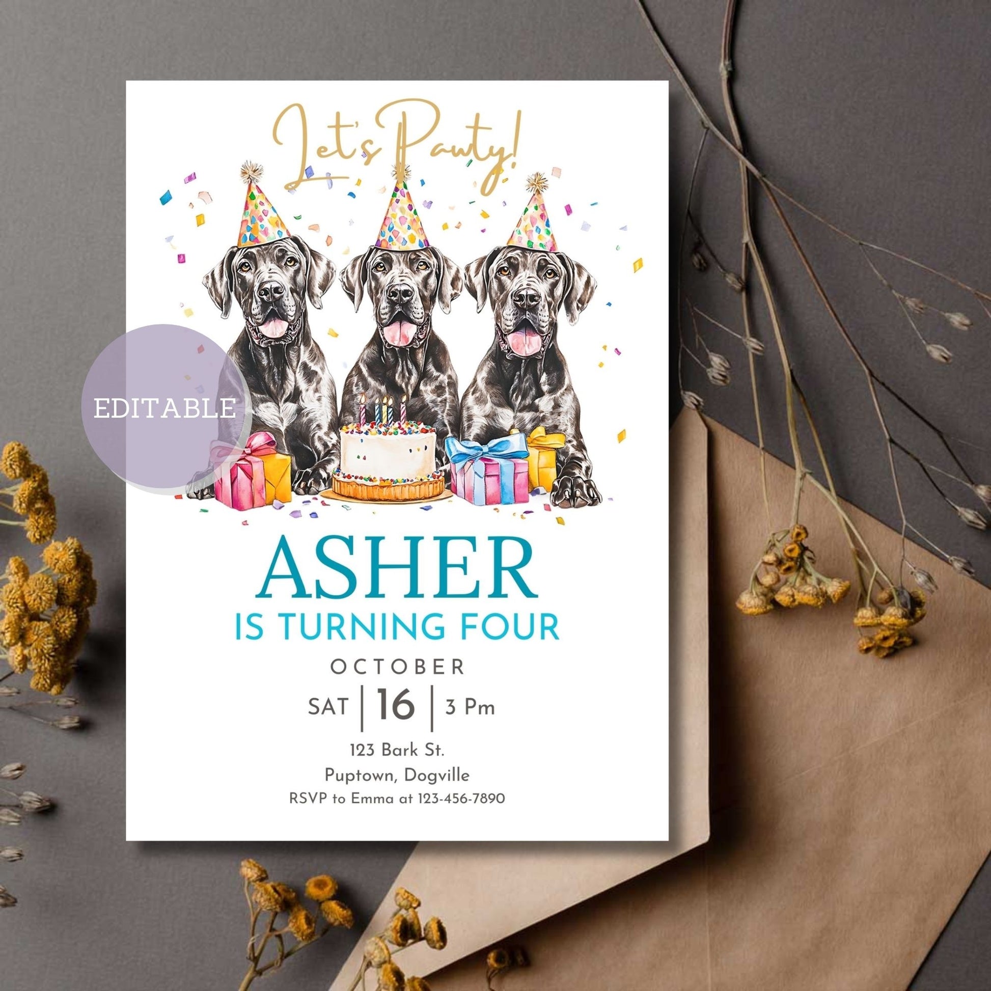 Great Dane birthday invitation template, customizable in Canva.