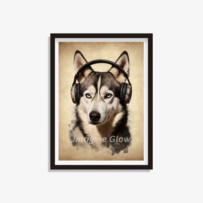 Vintage-inspired husky dog listening to music poster for dog lovers