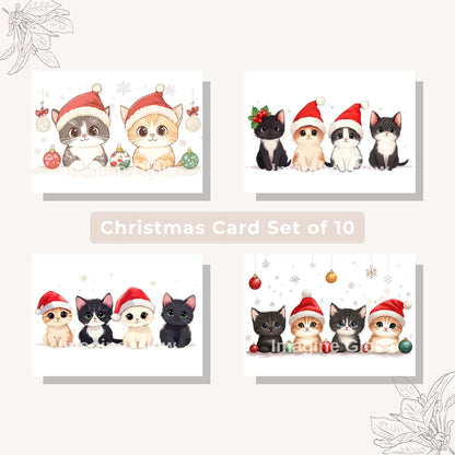 Set of 10 festive cat-themed Christmas cards for holiday greetings.
