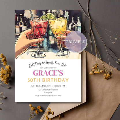 Cheerful party invite with wine for birthday celebration, printable and mobile.