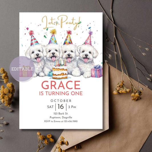 Bichon Frise birthday invitation template, editable in Canva.