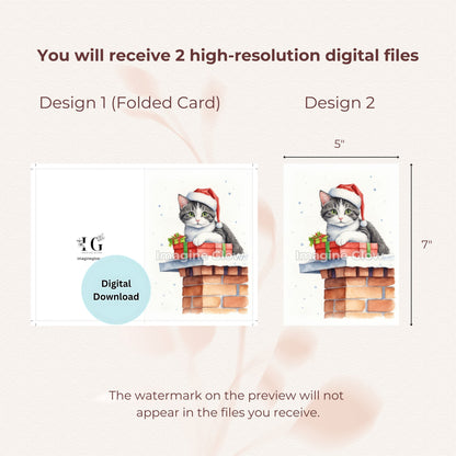 Printable Christmas card set featuring cats in cute costume C, set of 11.