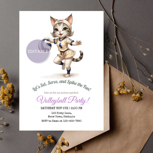 Customizable Volleyball Party Invitation with Kitten - Printable and Editable in Canva