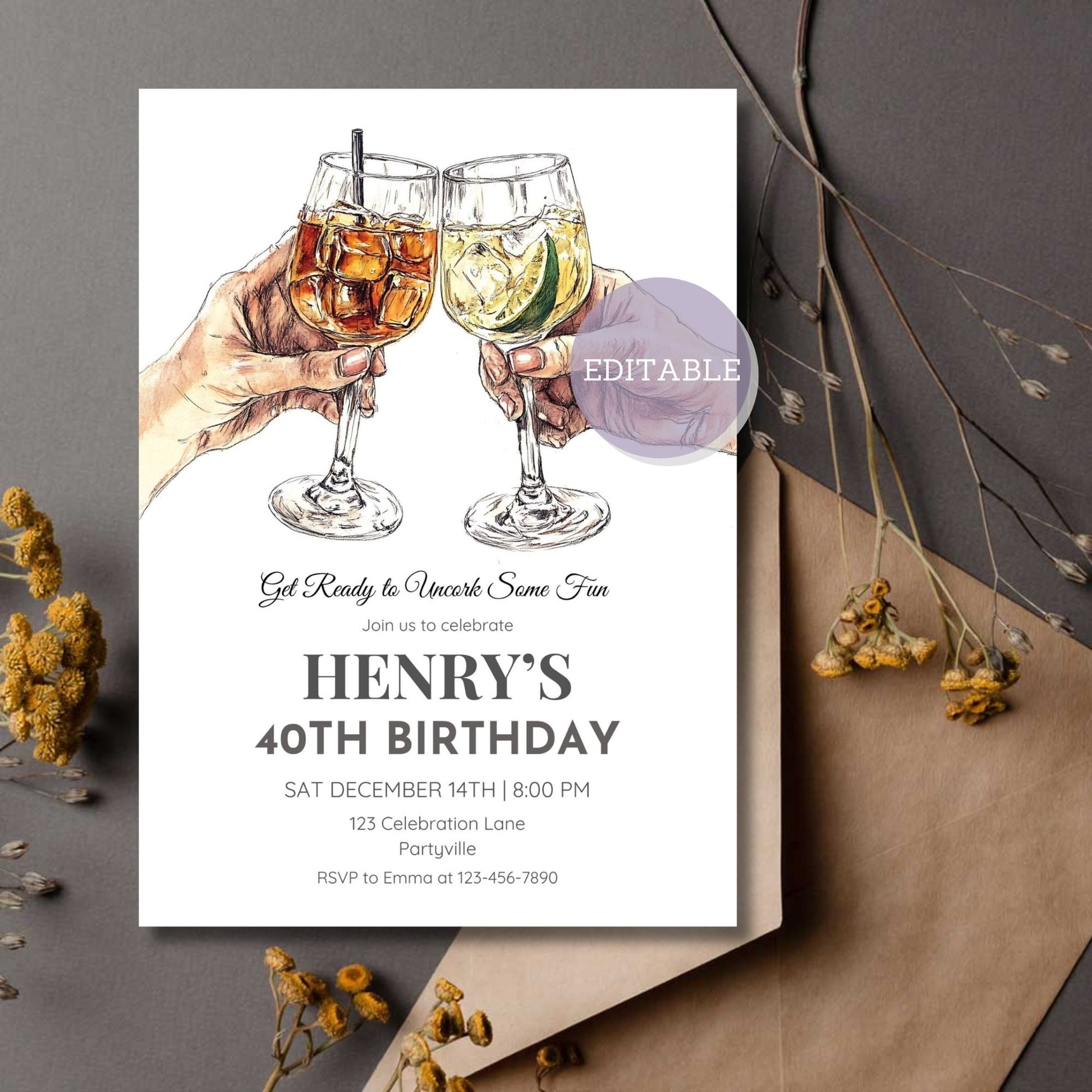 Editable cocktail-themed birthday invitation template in Canva.